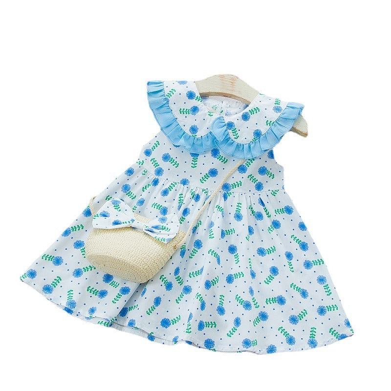 Robe fleurie en coton + Petit sac en osier
