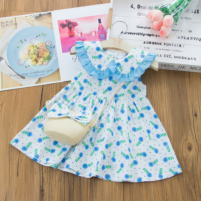 Robe fleurie en coton + Petit sac en osier