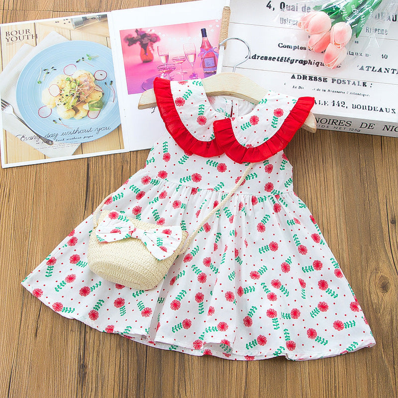 Robe fleurie en coton + Petit sac en osier
