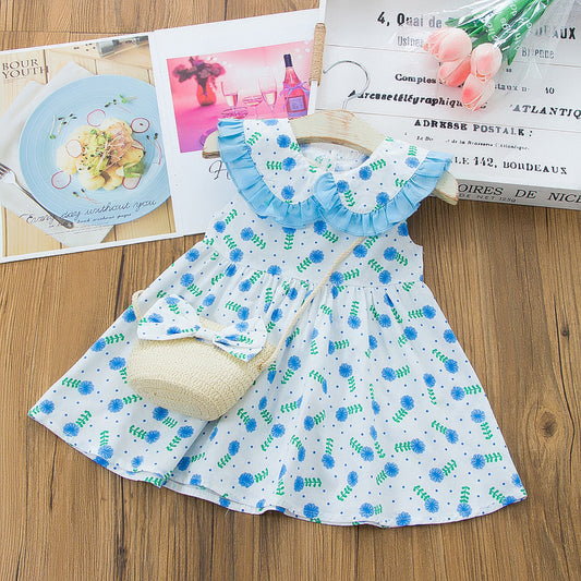 Robe fleurie en coton + Petit sac en osier