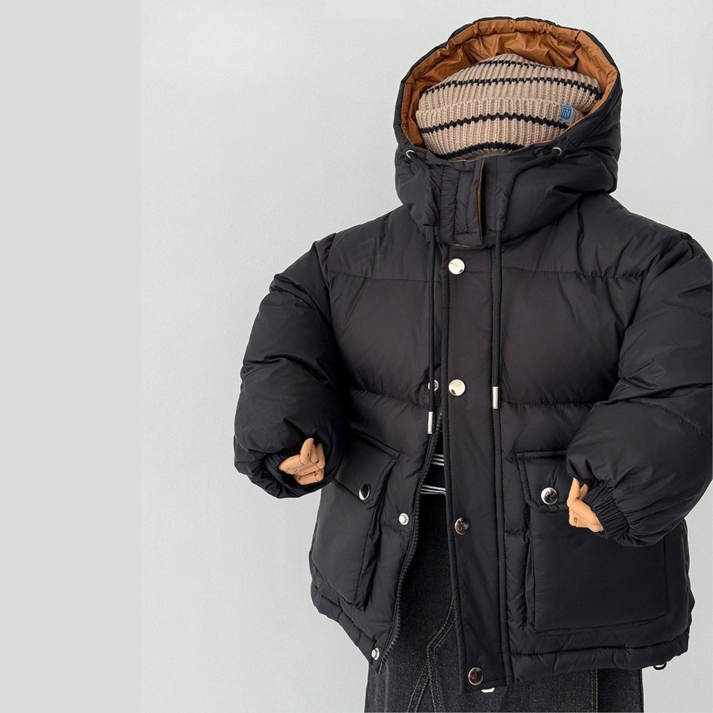 Manteau Enfant Mixte Hiver 2025 – Veste Noire à Capuche Intérieur Marron
