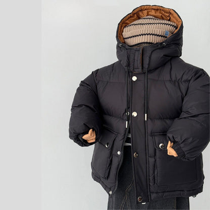 Manteau Enfant Mixte Hiver 2025 – Veste Noire à Capuche Intérieur Marron