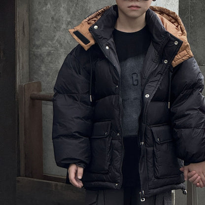 Manteau Enfant Mixte Hiver 2025 – Veste Noire à Capuche Intérieur Marron
