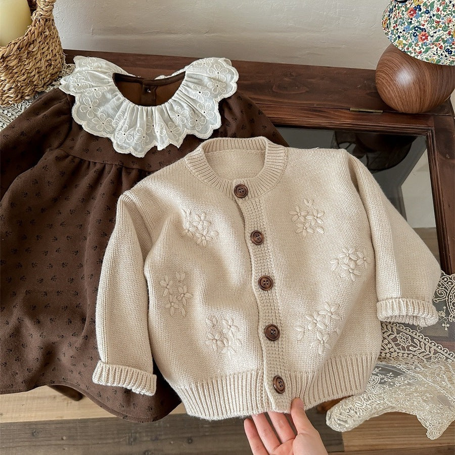 ensemble-fille-robe-marron-cardigan-beige-1