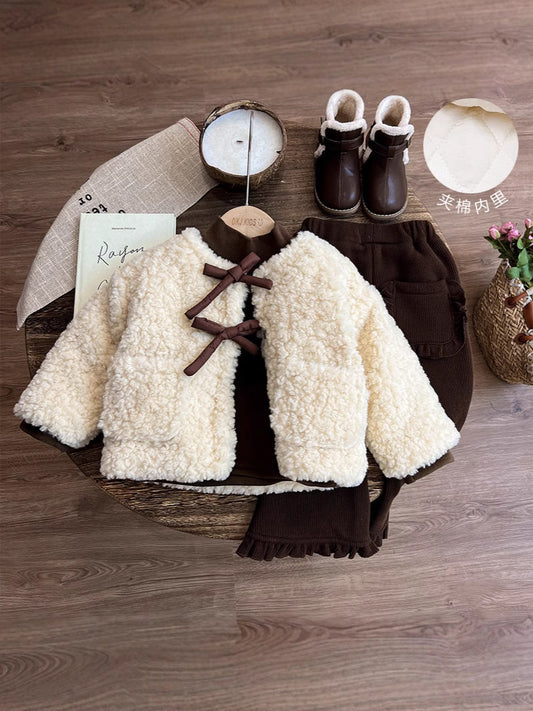 Manteau Fille Blanc Épais en Fourrure avec Nœud