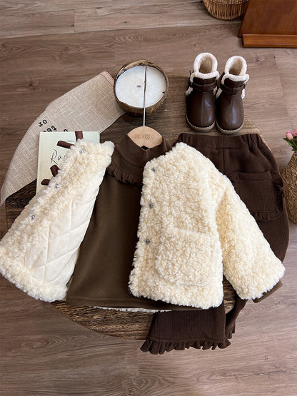 Manteau Fille Blanc Épais en Fourrure avec Nœud