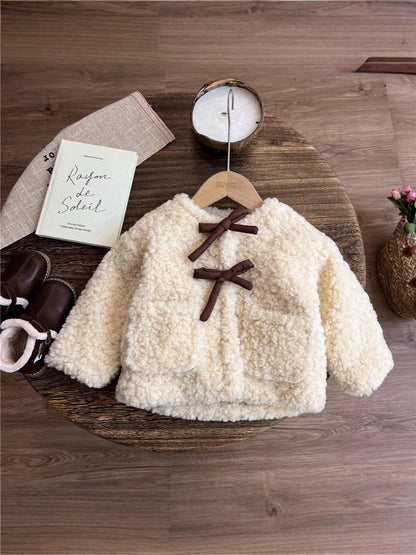 Manteau Fille Blanc Épais en Fourrure avec Nœud