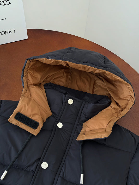 Manteau Enfant Mixte Hiver 2025 – Veste Noire à Capuche Intérieur Marron