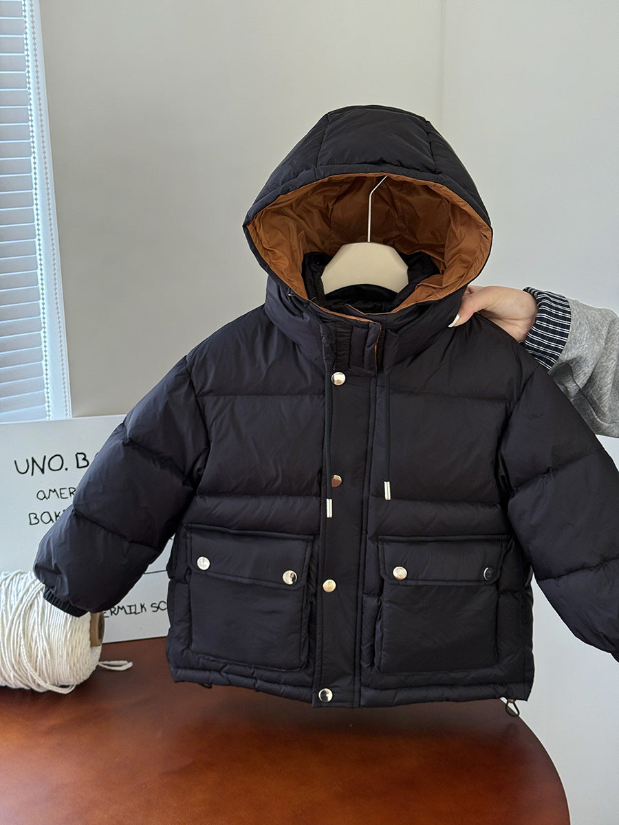 Manteau Enfant Mixte Hiver 2025 – Veste Noire à Capuche Intérieur Marron