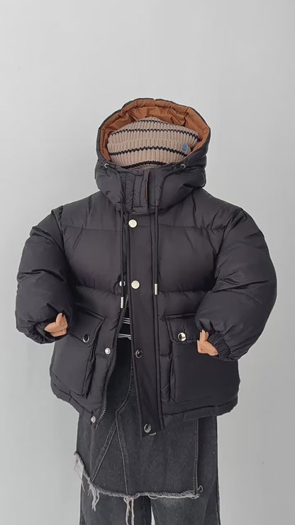 Manteau Enfant Mixte Hiver 2025 – Veste Noire à Capuche Intérieur Marron