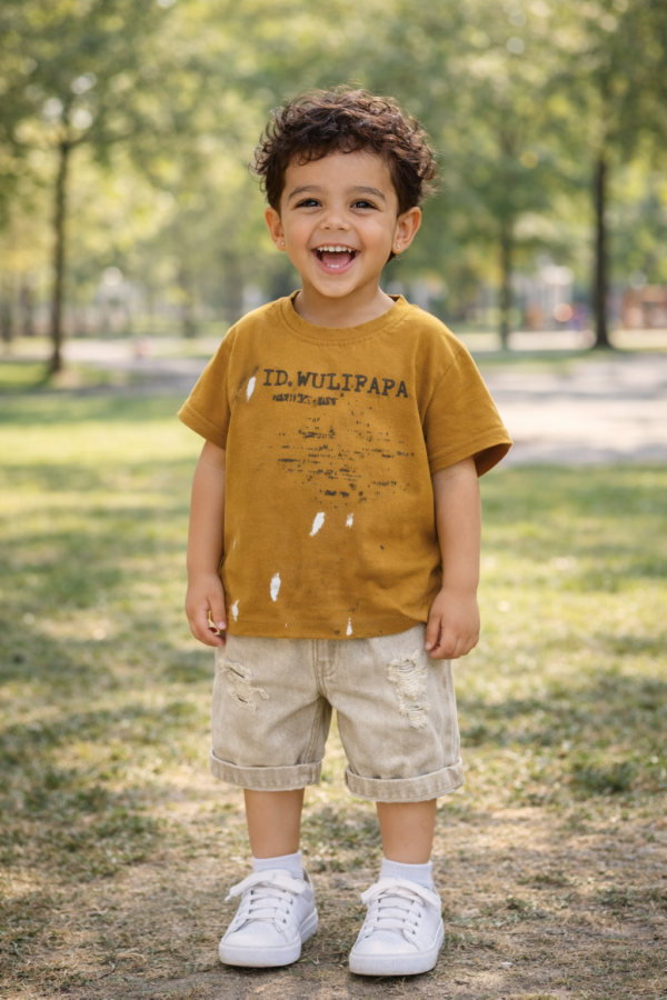 Ensemble Garçon T-shirt Camel & Short Beige Déchiré