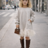 Robe Sweat Fille Beige à Volants en Tulle