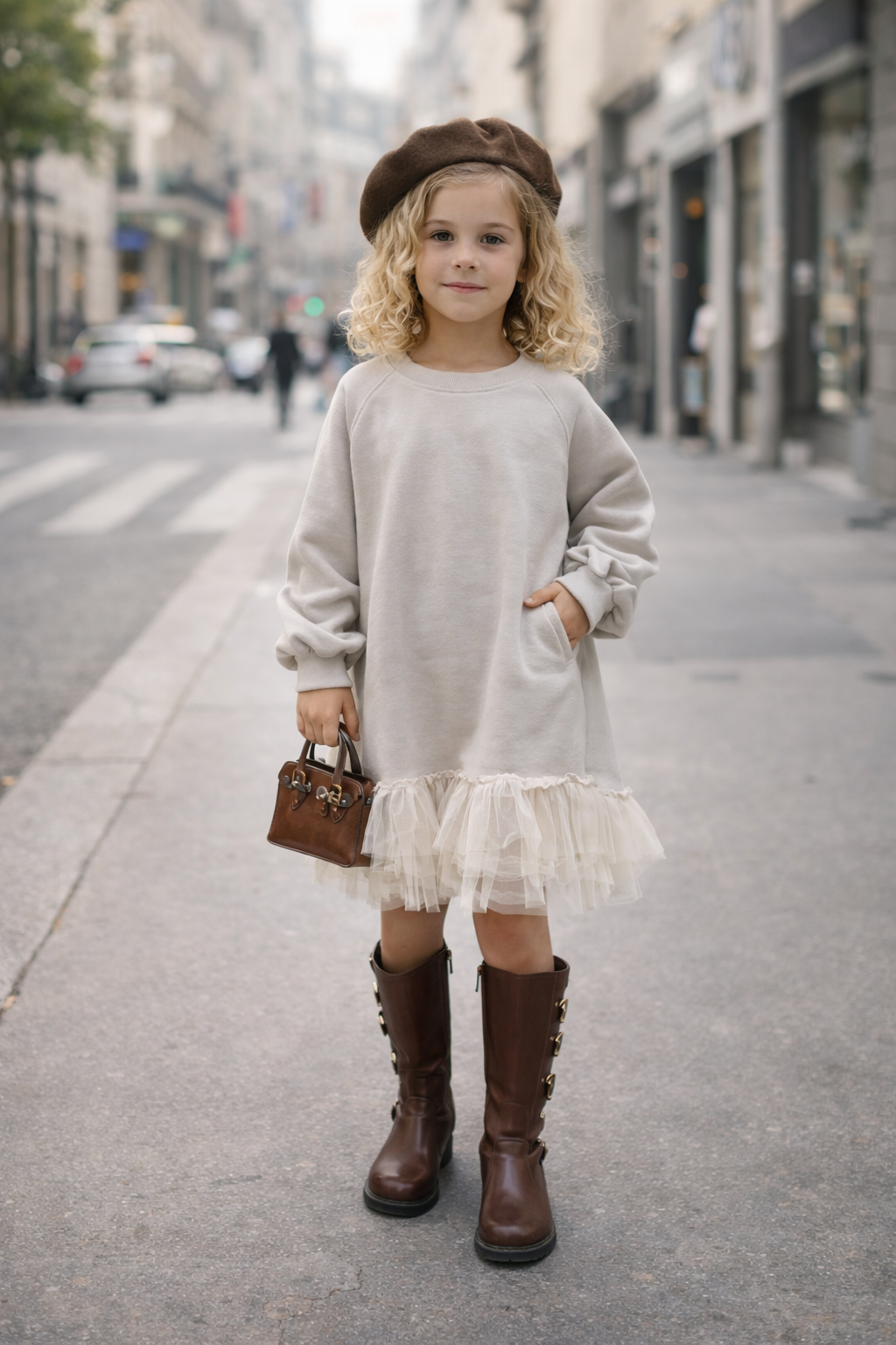 Robe Sweat Fille Beige à Volants en Tulle