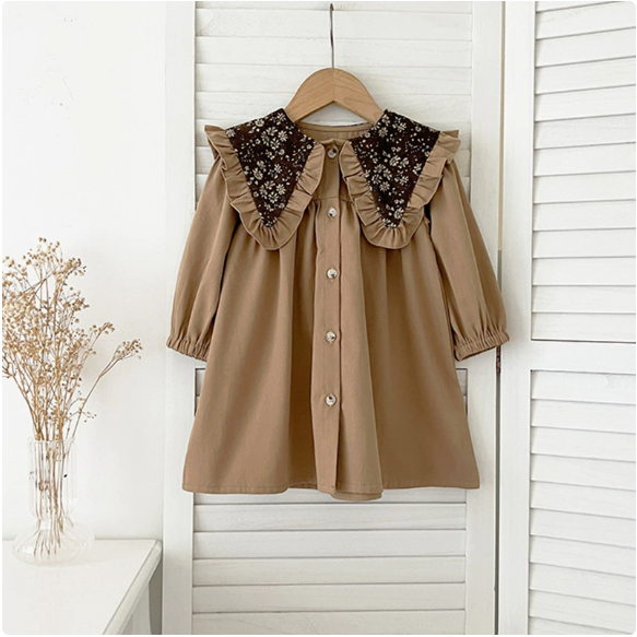 Robe Fille Beige à Col Fleuri Vintage – Manches Longues Élégante