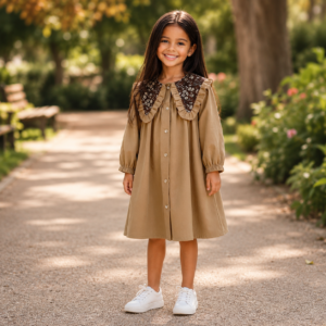Robe Fille Beige à Col Fleuri Vintage – Manches Longues Élégante
